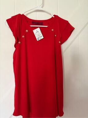 Scarlett Red Flutter Sleeve Blouse with Gold-Tone Buttons
